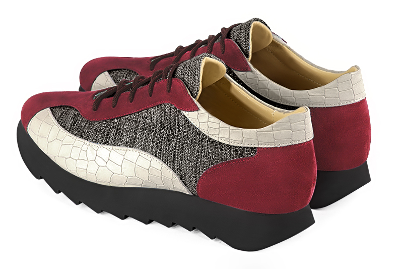 Burgundy red, matt black and off white women's three-tone elegant sneakers. Round toe. Low rubber soles. Rear view - Florence KOOIJMAN